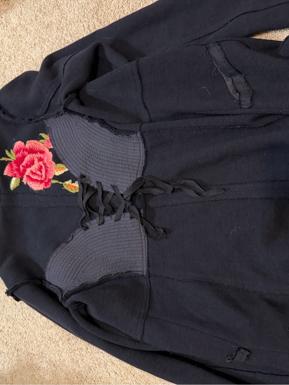 Free People Lace Up back Embroidered Rose Black 100% Wool Jacket